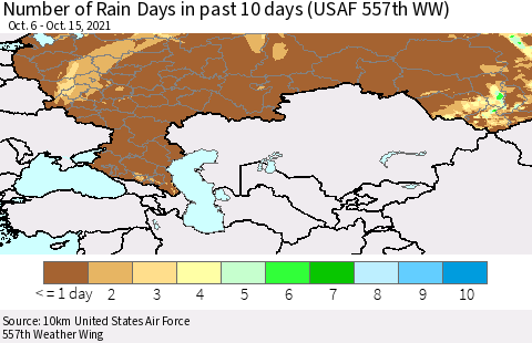 Russian Federation Number of Rain Days in past 10 days (USAF 557th WW) Thematic Map For 10/11/2021 - 10/15/2021