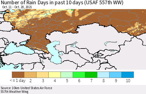 Russian Federation Number of Rain Days in past 10 days (USAF 557th WW) Thematic Map For 10/16/2021 - 10/20/2021