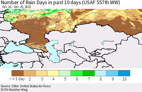 Russian Federation Number of Rain Days in past 10 days (USAF 557th WW) Thematic Map For 10/21/2021 - 10/25/2021