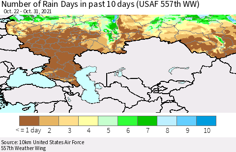 Russian Federation Number of Rain Days in past 10 days (USAF 557th WW) Thematic Map For 10/26/2021 - 10/31/2021