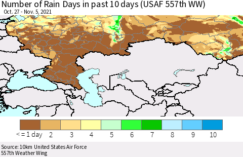 Russian Federation Number of Rain Days in past 10 days (USAF 557th WW) Thematic Map For 11/1/2021 - 11/5/2021