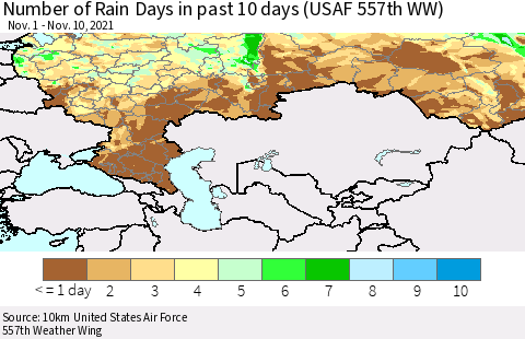 Russian Federation Number of Rain Days in past 10 days (USAF 557th WW) Thematic Map For 11/6/2021 - 11/10/2021