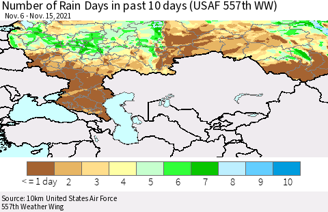Russian Federation Number of Rain Days in past 10 days (USAF 557th WW) Thematic Map For 11/11/2021 - 11/15/2021