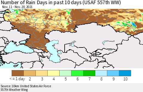 Russian Federation Number of Rain Days in past 10 days (USAF 557th WW) Thematic Map For 11/16/2021 - 11/20/2021