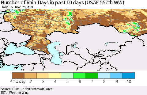 Russian Federation Number of Rain Days in past 10 days (USAF 557th WW) Thematic Map For 11/21/2021 - 11/25/2021