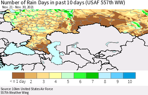 Russian Federation Number of Rain Days in past 10 days (USAF 557th WW) Thematic Map For 11/26/2021 - 11/30/2021