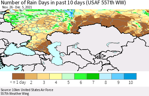 Russian Federation Number of Rain Days in past 10 days (USAF 557th WW) Thematic Map For 12/1/2021 - 12/5/2021