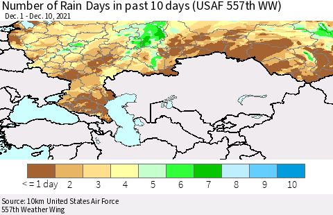 Russian Federation Number of Rain Days in past 10 days (USAF 557th WW) Thematic Map For 12/6/2021 - 12/10/2021