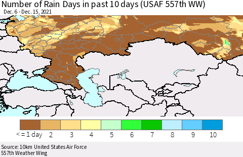Russian Federation Number of Rain Days in past 10 days (USAF 557th WW) Thematic Map For 12/11/2021 - 12/15/2021