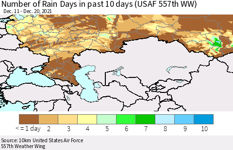 Russian Federation Number of Rain Days in past 10 days (USAF 557th WW) Thematic Map For 12/16/2021 - 12/20/2021