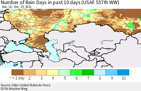 Russian Federation Number of Rain Days in past 10 days (USAF 557th WW) Thematic Map For 12/21/2021 - 12/25/2021