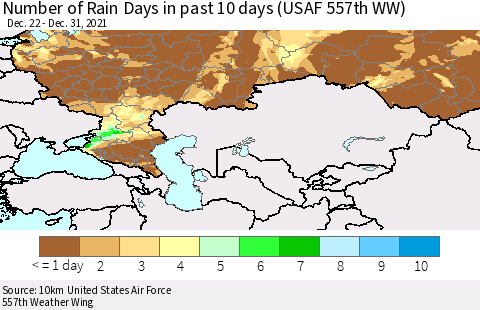 Russian Federation Number of Rain Days in past 10 days (USAF 557th WW) Thematic Map For 12/26/2021 - 12/31/2021