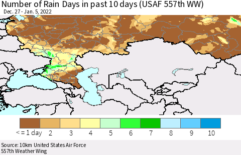 Russian Federation Number of Rain Days in past 10 days (USAF 557th WW) Thematic Map For 1/1/2022 - 1/5/2022
