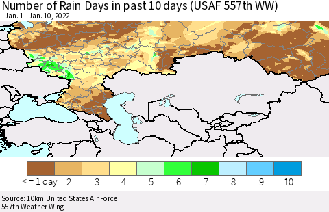 Russian Federation Number of Rain Days in past 10 days (USAF 557th WW) Thematic Map For 1/6/2022 - 1/10/2022