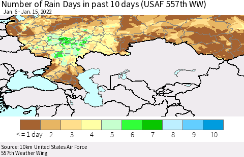 Russian Federation Number of Rain Days in past 10 days (USAF 557th WW) Thematic Map For 1/11/2022 - 1/15/2022