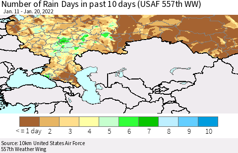 Russian Federation Number of Rain Days in past 10 days (USAF 557th WW) Thematic Map For 1/16/2022 - 1/20/2022