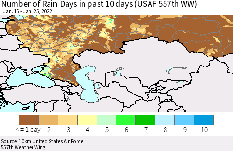 Russian Federation Number of Rain Days in past 10 days (USAF 557th WW) Thematic Map For 1/21/2022 - 1/25/2022