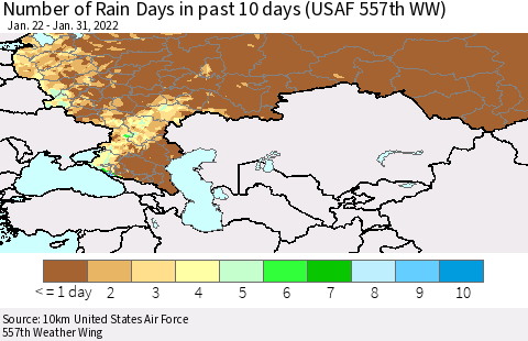 Russian Federation Number of Rain Days in past 10 days (USAF 557th WW) Thematic Map For 1/26/2022 - 1/31/2022
