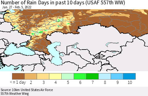 Russian Federation Number of Rain Days in past 10 days (USAF 557th WW) Thematic Map For 2/1/2022 - 2/5/2022
