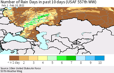 Russian Federation Number of Rain Days in past 10 days (USAF 557th WW) Thematic Map For 2/6/2022 - 2/10/2022