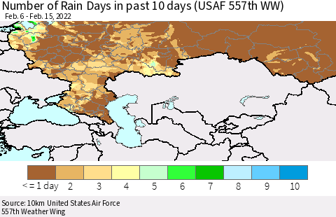 Russian Federation Number of Rain Days in past 10 days (USAF 557th WW) Thematic Map For 2/11/2022 - 2/15/2022