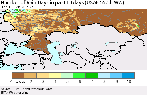 Russian Federation Number of Rain Days in past 10 days (USAF 557th WW) Thematic Map For 2/16/2022 - 2/20/2022