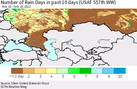 Russian Federation Number of Rain Days in past 10 days (USAF 557th WW) Thematic Map For 2/21/2022 - 2/25/2022