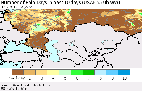 Russian Federation Number of Rain Days in past 10 days (USAF 557th WW) Thematic Map For 2/26/2022 - 2/28/2022