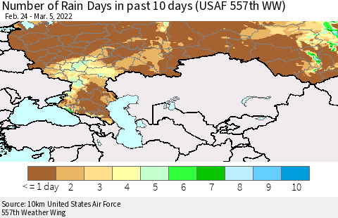 Russian Federation Number of Rain Days in past 10 days (USAF 557th WW) Thematic Map For 3/1/2022 - 3/5/2022