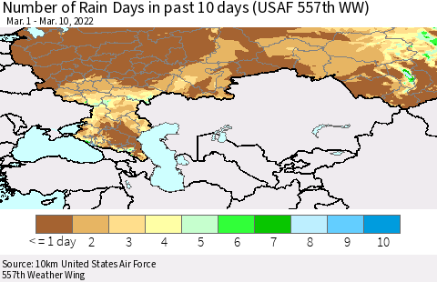 Russian Federation Number of Rain Days in past 10 days (USAF 557th WW) Thematic Map For 3/6/2022 - 3/10/2022