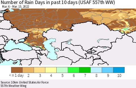 Russian Federation Number of Rain Days in past 10 days (USAF 557th WW) Thematic Map For 3/11/2022 - 3/15/2022