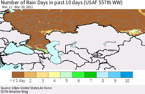 Russian Federation Number of Rain Days in past 10 days (USAF 557th WW) Thematic Map For 3/16/2022 - 3/20/2022