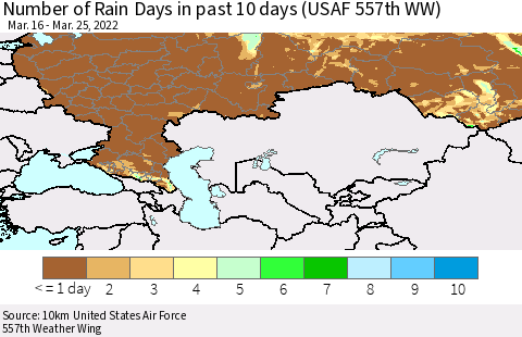 Russian Federation Number of Rain Days in past 10 days (USAF 557th WW) Thematic Map For 3/21/2022 - 3/25/2022
