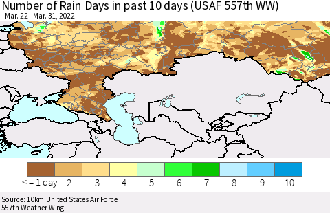 Russian Federation Number of Rain Days in past 10 days (USAF 557th WW) Thematic Map For 3/26/2022 - 3/31/2022