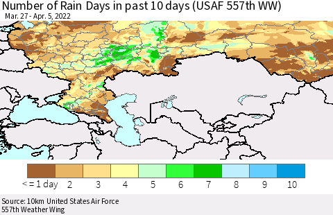 Russian Federation Number of Rain Days in past 10 days (USAF 557th WW) Thematic Map For 4/1/2022 - 4/5/2022