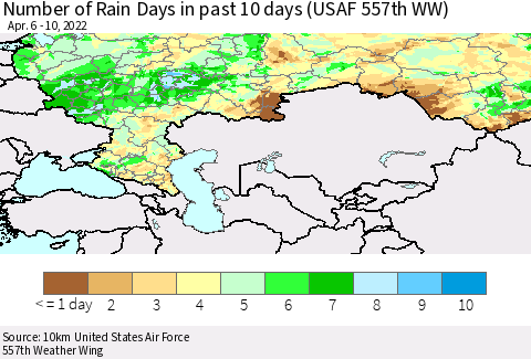 Russian Federation Number of Rain Days in past 10 days (USAF 557th WW) Thematic Map For 4/6/2022 - 4/10/2022