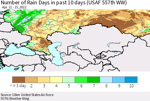 Russian Federation Number of Rain Days in past 10 days (USAF 557th WW) Thematic Map For 4/11/2022 - 4/15/2022