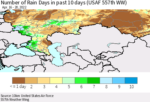 Russian Federation Number of Rain Days in past 10 days (USAF 557th WW) Thematic Map For 4/16/2022 - 4/20/2022