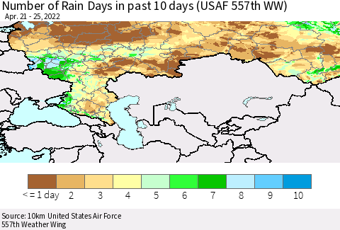Russian Federation Number of Rain Days in past 10 days (USAF 557th WW) Thematic Map For 4/21/2022 - 4/25/2022
