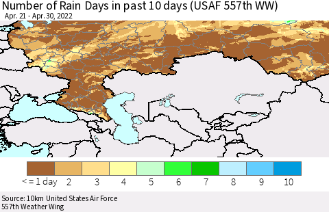 Russian Federation Number of Rain Days in past 10 days (USAF 557th WW) Thematic Map For 4/26/2022 - 4/30/2022