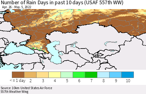 Russian Federation Number of Rain Days in past 10 days (USAF 557th WW) Thematic Map For 5/1/2022 - 5/5/2022