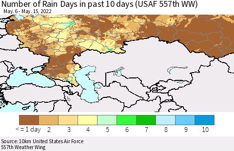 Russian Federation Number of Rain Days in past 10 days (USAF 557th WW) Thematic Map For 5/11/2022 - 5/15/2022
