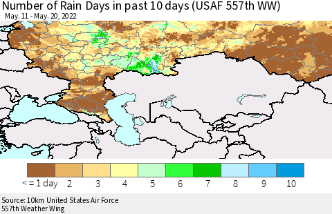 Russian Federation Number of Rain Days in past 10 days (USAF 557th WW) Thematic Map For 5/16/2022 - 5/20/2022