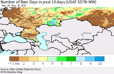 Russian Federation Number of Rain Days in past 10 days (USAF 557th WW) Thematic Map For 5/21/2022 - 5/25/2022