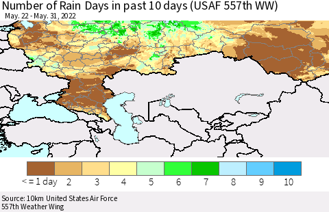 Russian Federation Number of Rain Days in past 10 days (USAF 557th WW) Thematic Map For 5/26/2022 - 5/31/2022