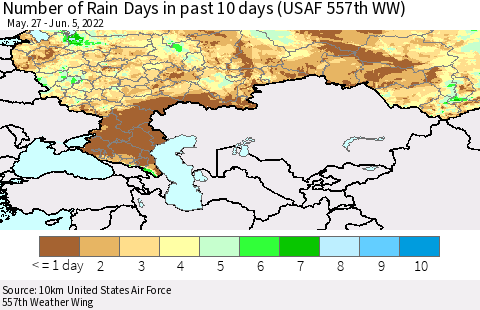 Russian Federation Number of Rain Days in past 10 days (USAF 557th WW) Thematic Map For 6/1/2022 - 6/5/2022