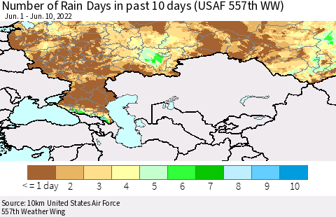 Russian Federation Number of Rain Days in past 10 days (USAF 557th WW) Thematic Map For 6/6/2022 - 6/10/2022