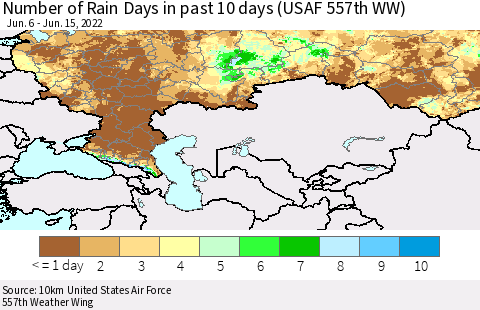 Russian Federation Number of Rain Days in past 10 days (USAF 557th WW) Thematic Map For 6/11/2022 - 6/15/2022