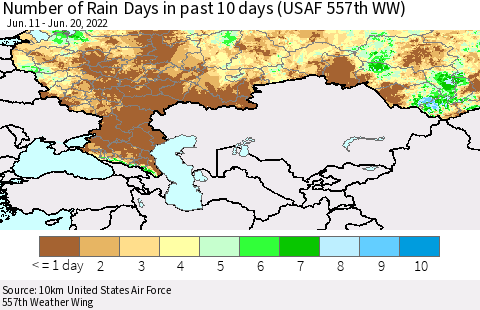 Russian Federation Number of Rain Days in past 10 days (USAF 557th WW) Thematic Map For 6/16/2022 - 6/20/2022