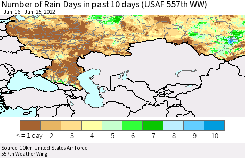 Russian Federation Number of Rain Days in past 10 days (USAF 557th WW) Thematic Map For 6/21/2022 - 6/25/2022